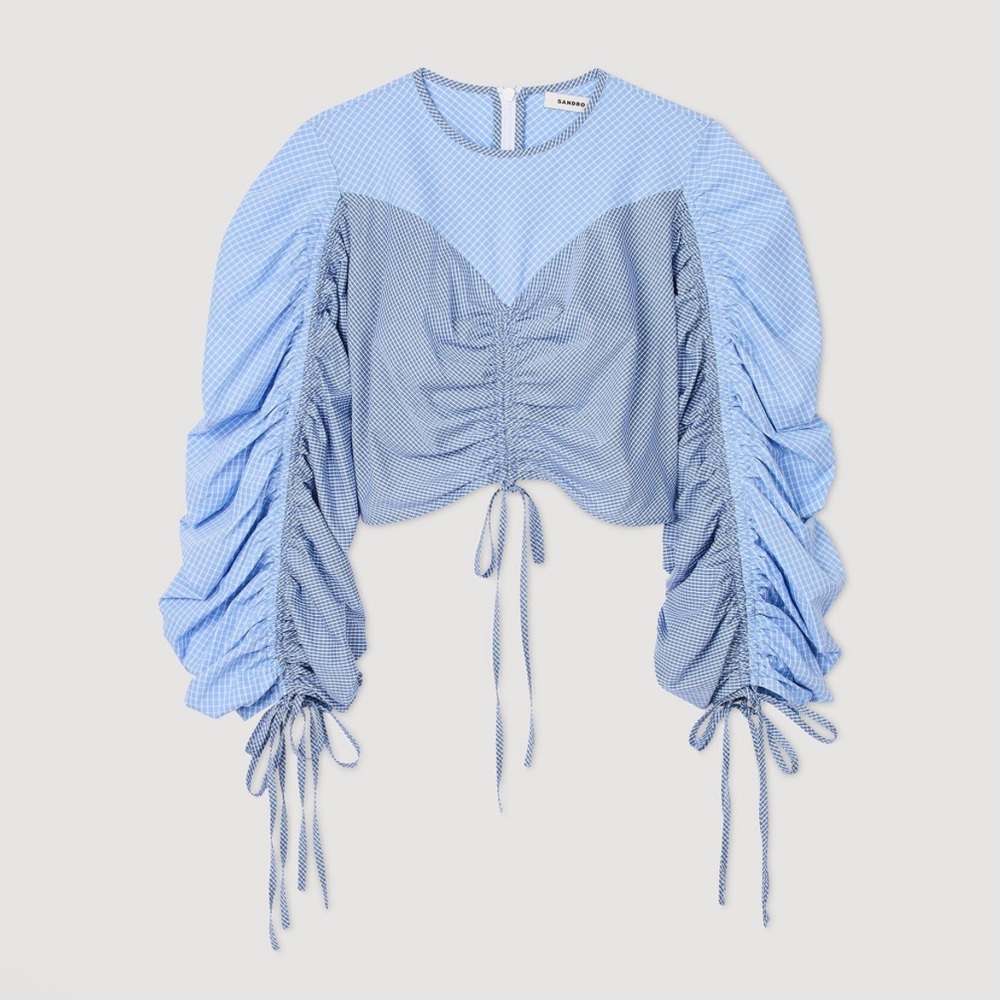 NWT SANDRO Formidable Blue Ruched Stripe Mixed Media Crop Top size 3/large - Picture 2 of 12